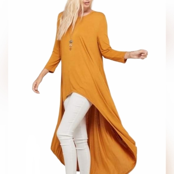 Zenana Outfitters Hi-Low Long Tunic Top Duster 3/4 Sleeve Mustard Yellow - Picture 5 of 7